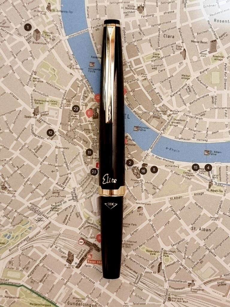 A 1970s PILOT Elite fountain pen with fingernail 18k SCRIPT nib goes to Basel...