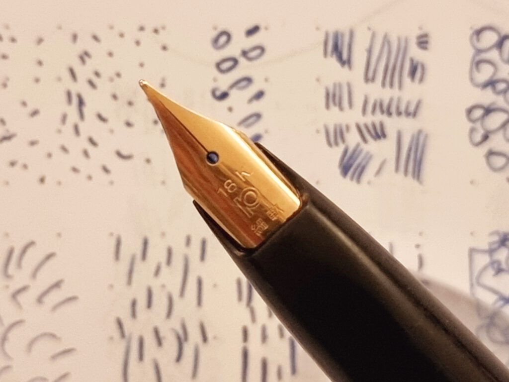 Platinum 1970s long black with 18k SF nib. Catalog number PB-5000. Good nib with just a bit of flair.